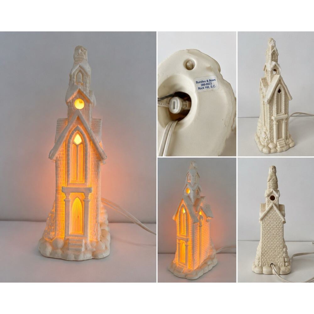 Vintage 9” Lighted Ceramic Gothic Church Chapel Winter Christmas Decor Works